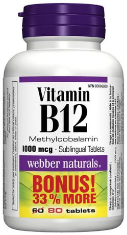 Webber Naturals® Vitamin B12, Methylcobalamin, 1000 Mcg, 60 Sublingual ...