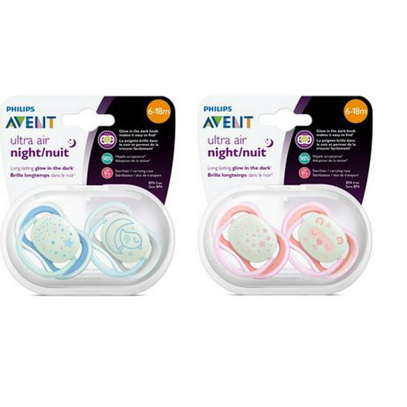 Philips Avent Ultra Air Nighttime Pacifier 6-18m, mixed case, 2 pack, SCF376/20, 2 pack Ultra Air Pacifier