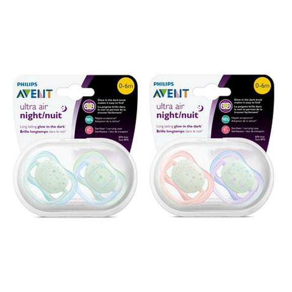 Philips Avent Ultra Air Nighttime Pacifier 0-6m, mixed case, 2 pack, SCF376/10, 2 pack Ultra Air Pacifier