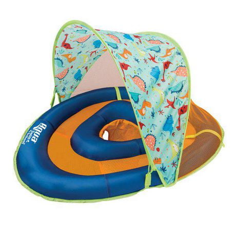SwimSchool Adjustable Seat Fabric BabyBoat with 2 Toys, Blue Dinos, BabyBoat with Canopy & Toys
