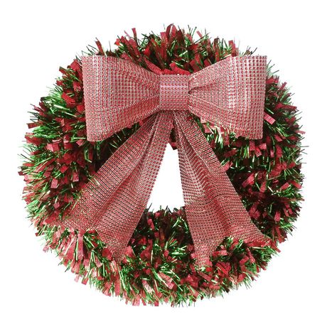 Holiday Time Tinsel Wreath, 18 Inch Red & Green Christmas Wreath ...