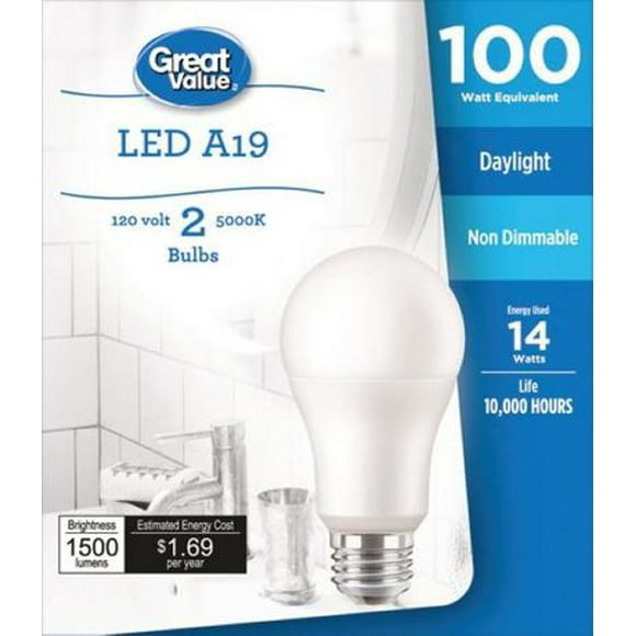 Great Value 100W A19 Daylight LED Bulbs 2-pack, LED 100W A19