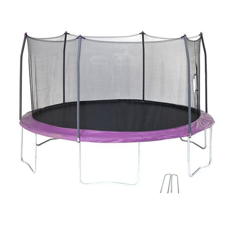 SKYWALKER TRAMPOLINES 14 FT, Round, Purple Outdoor Trampoline for Kids with Safety Enclosure Net and Spring Pad, ASTM Approval, Rust Resistant, and Heavy Duty Wind Stakes, U - Shaped, 4 Pack