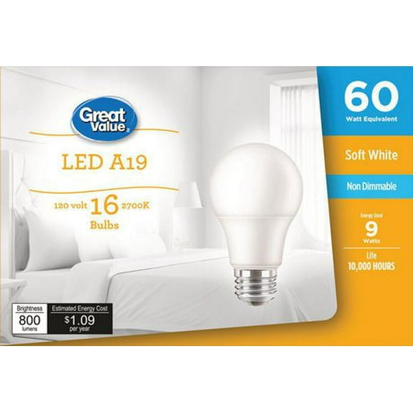 Great Value 60W A19 Soft White LED bulbs 16-pack, LED A19 60W