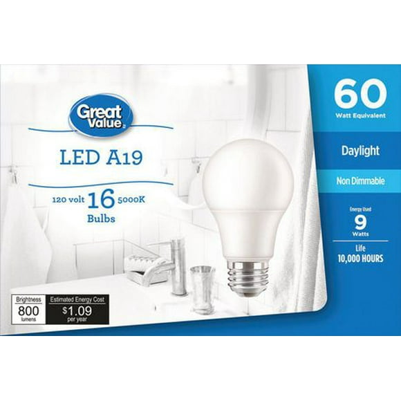 Great Value Ampoules DEL A19 60 W lumière du jour, paq. de 16 Non gradables, 800 lumens