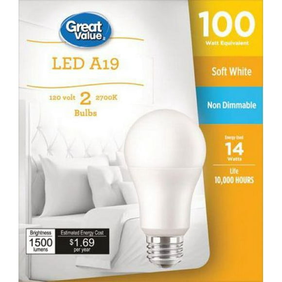 Great Value Ampoules DEL A21 100 W blanc doux, paq. de 2 Non gradables, 1500 lumens