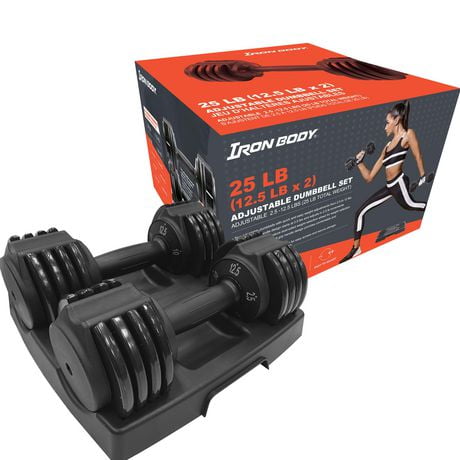 IBF Iron Body Fitness Jeu d'haltères ajustables - 25 lb. (11,34 kg) - 2 x 12,5 lb (5,67 kg) - S'ajuste facilement par incréments de 2,5 lb (1,3 kg) à partir de 2,5 lb. (1,3 kg) à 12,5 lb (5,67 kg) chacun - Améliore la puissance et la force