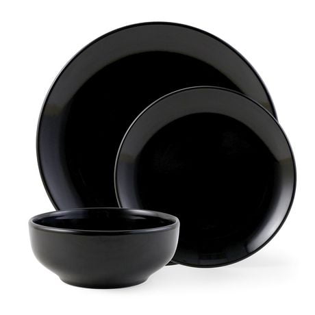 Mainstays Glazed Black Stoneware Dinnerware Set, 12-Pieces, Color glaze with stoneware