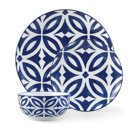 Mainstays ensemble de vaisselle à motif bleu émaillé, 12 pièces Ensemble de 12 pièces en grès