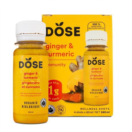 DOSE Organic Ginger & Turmeric Shot, 4 Pack, 4 x 60 mL bottles