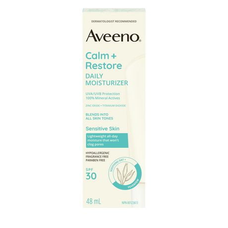 Aveeno® Calm + Restore Daily Moisturizer, SPF 30, 100% Mineral Actives, Broad Spectrum, Non-comedogenic Sensitive Skin, Oat, Hypoallergenic, Fragrance Free, 48 mL