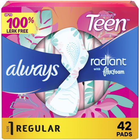 Always Radiant Teen Pads, Size 1, Regular, with Wings, Unscented, 42CT