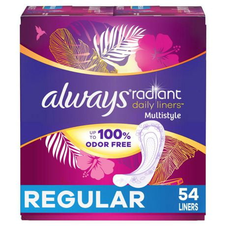 Always Radiant Daily Multistyle Liners Regular, Unscented, Up to 100% Odor-free, 54 CT