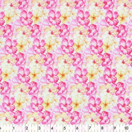 Fabric Creations White with Pink and Yellow Flower Heads Cotton Fabric ...