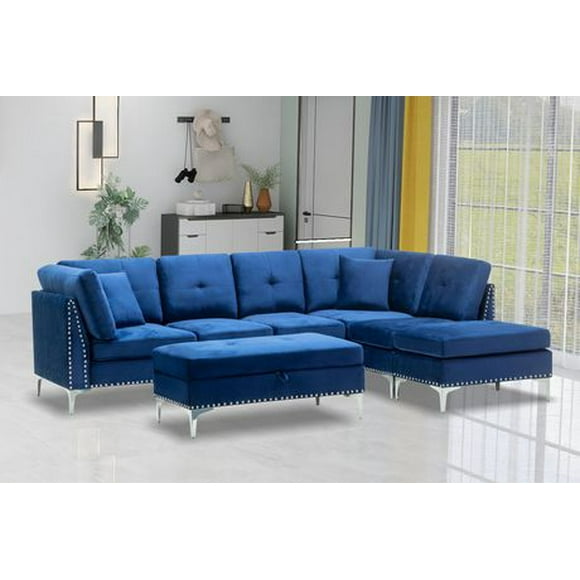 K-LIVING  CYNTHIA MICRO SUEDE SECTIONAL INCLUDING MATCHING PILLOWS, OTTOMAN AND STORAGE  BENCH IN BLUE