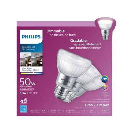 PHILIPS LED 50W PAR20 Bright White Dimmable Reflector bulb 3-pack