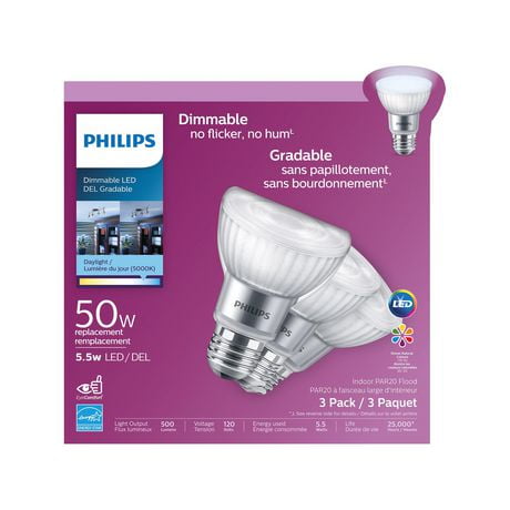 PHILIPS 5.5W (50W) PAR20 Moyenne Base Daylight Dimmable LED Ampoules LED - 3 Pack