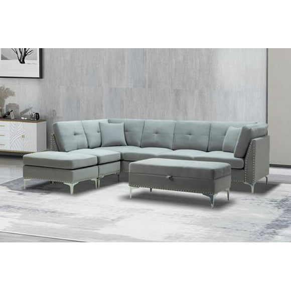 K-LIVING CYNTHIA MICRO SUEDE SECTIONAL INCLUDING MATCHING PILLOWS, OTTOMAN AND STORAGE  BENCH IN GREY