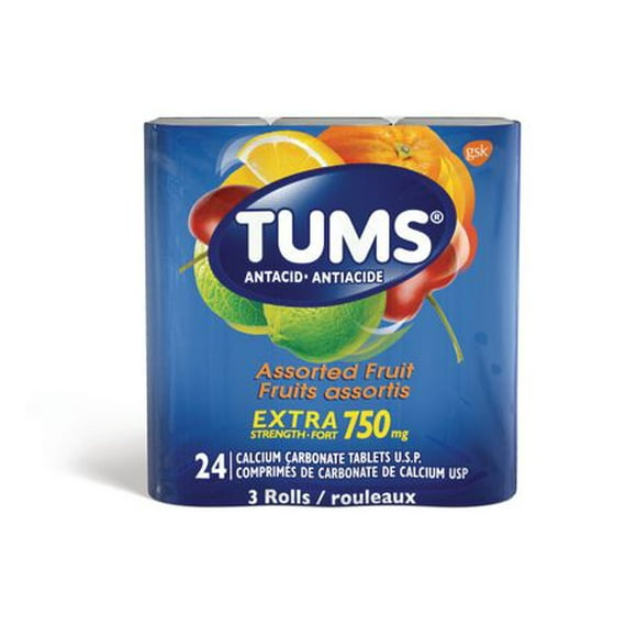 Comprimés antiacide de carbonate de calcium extra-fort de Tums 3 x 8 (24) comprimés, fruits assortis