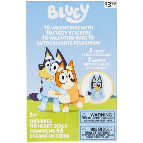 Bluey Valentine Cards with Fuzzy Stickers, Multi-Colored, 16 Count