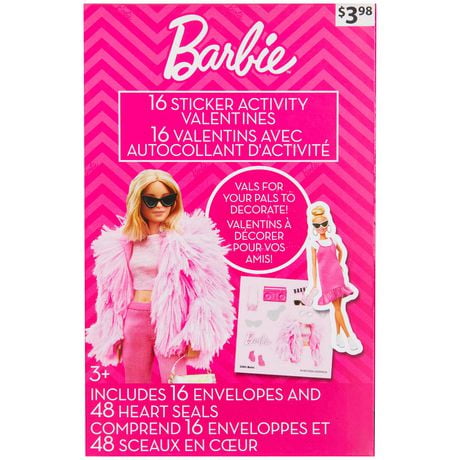 Barbie Sticker Activity Valentine Cards, Sticker Activity, Multi-Colored, 16 Count