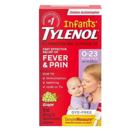 Tylenol Infants' Medicine, Relief of fever & pain, 0-23 Months, Dye-Free Grape Suspension liquid, Acetaminophen 80mg/1mL, 15 mL