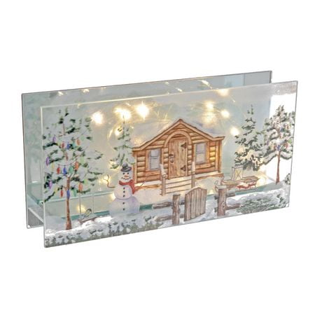 Rect. Led Painted Glass Stand (House With Snowman) - Set of 2