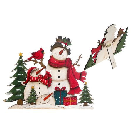 Wooden Double Snowman And Cardinal Decor Stand