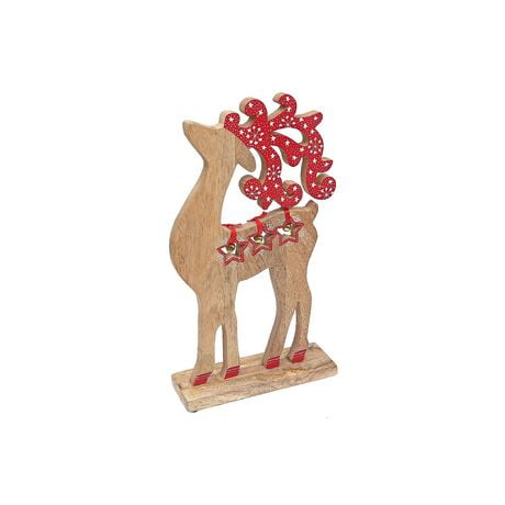 Mango Wood Carved Reindeer Stand With Bells (16")