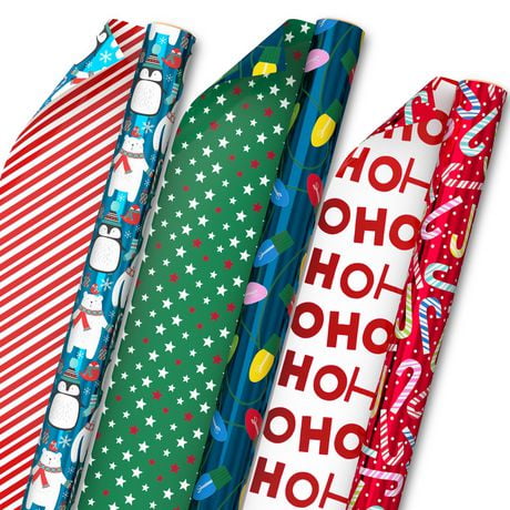 Hallmark Reversible Christmas Wrapping Paper (3 Rolls: 50 sq. ft. ttl) Colorful Lights, Penguins, Polar Bears, Stripes, Stars, Candy Canes, HoHoHo, Hallmark Wrapping Paper 3-Pack