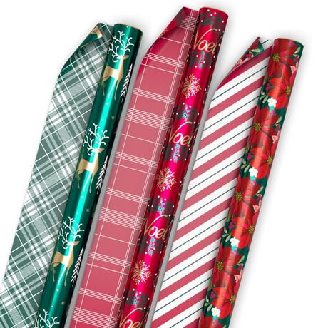 Hallmark Reversible Christmas Wrapping Paper (3 Rolls: 50 sq. ft. ttl) Gold Deer, Green Plaid, Red Stripes, Poinsettias, Noel Wreaths, Hallmark Wrapping Paper 3-Pack