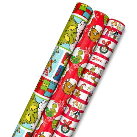 Hallmark Dr. Seuss Grinch Christmas Wrapping Paper Bundle with Cut Lines on Reverse (3 Rolls: 60 sq. ft.)