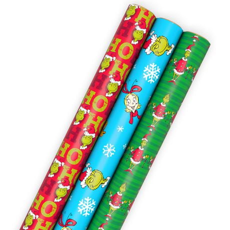 Hallmark Dr. Seuss The Grinch Christmas Wrapping Paper Bundle with Cut Lines on Reverse (3 Rolls: 60 sq. ft.), Hallmark Wrapping Paper 3-Pack