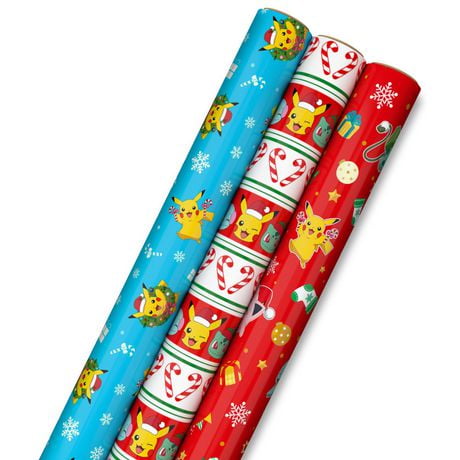 Hallmark Pokémon Christmas Wrapping Paper Bundle with Cut Lines on Reverse (3 Rolls: 60 sq. ft.)