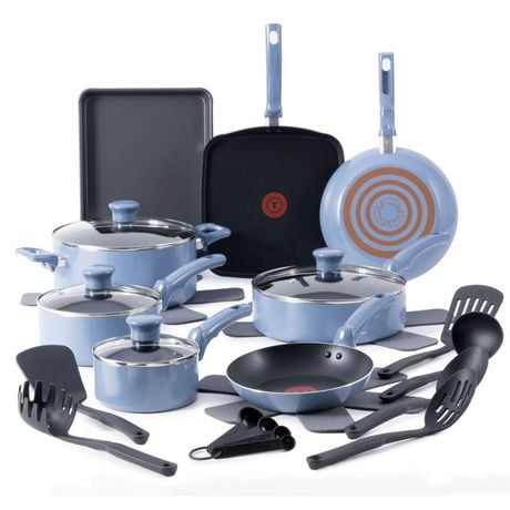 T-fal Kitchen Solutions, 22-Piece Recycled Aluminum Non-Stick Cookware Set Blue