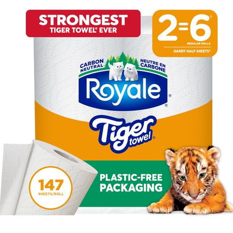 Royale Tiger Towel Recyclable Packaging, 2 Equal 6 Paper Towel Rolls, 2-Ply, 147 Half Sheets