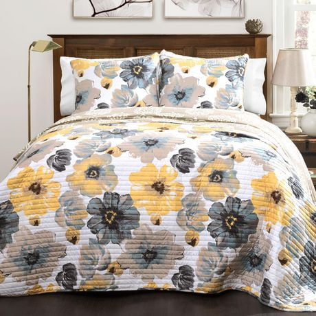 Lush Decor Leah Quilt Yellow/ Gray 3Pc Set King