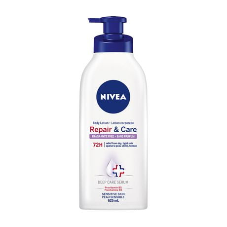 NIVEA Repair & Care Fragrance-Free Body Lotion | Long lasting | 72H Hydration | For Dry Tight and Sensitive Skin | Unscented Daily Moisturizer | Fast absorbing, 625 mL pump bottle