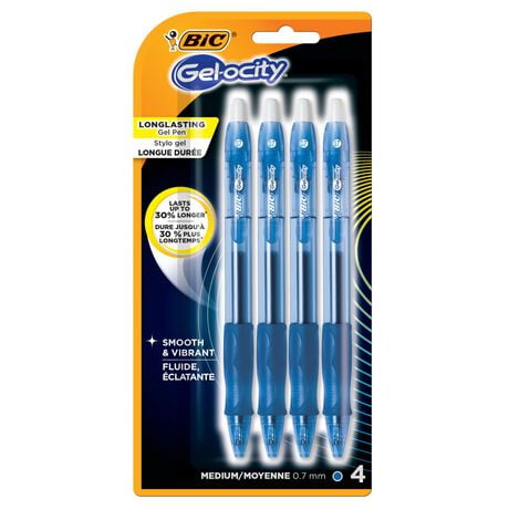 BIC Gel-ocity Retractable Gel Pen, Blue Ink, Medium Point, 4-Count, Contoured Grip for Comfort and Control, 4 Count