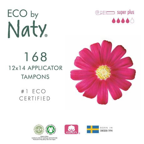 Tampons de coton biologique certifié Eco by Naty avec applicateur de carton, Super Plus, 12 boîtes de 14 tampons (168 tampons)