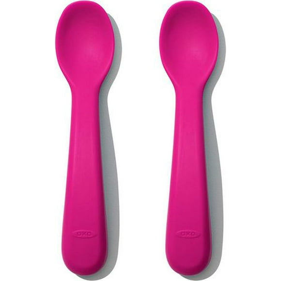 OXO Tot - Silicone Spoons - Encourage Self-Feeding - Easy for Little Ones to Hold - Baby Toddler Feeding Utensils - Pink - 2-Pack