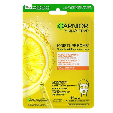 Garnier Beauty Face Mask, Brightening and Hydrating Skin Care, Hyaluronic Acid + Vitamin C, for Dull and Uneven skin, 1 Tissue Mask, 28g, Super hydrating + Anti-fatigue face mask