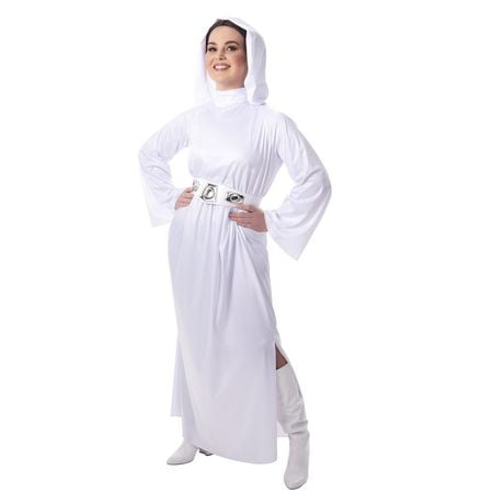 STAR WARS PRINCESS LEIA COSTUME (ADULT) - Poly Jersey Hooded Dress with Vinyl 3D Belt and Twin Bun Wig