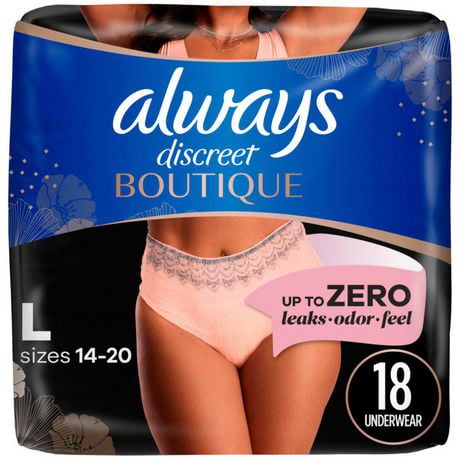 Culottes d’incontinence et de post-partum Always Discreet Boutique pour femmes, taille G, protection maximale, couleur rosée, 18 culottes 18CT