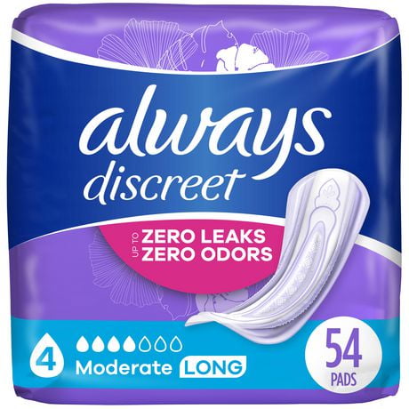 Always Discreet Adult Incontinence Pads for Women, Moderate Absorbency, Long Length, Postpartum Pads, 54CT