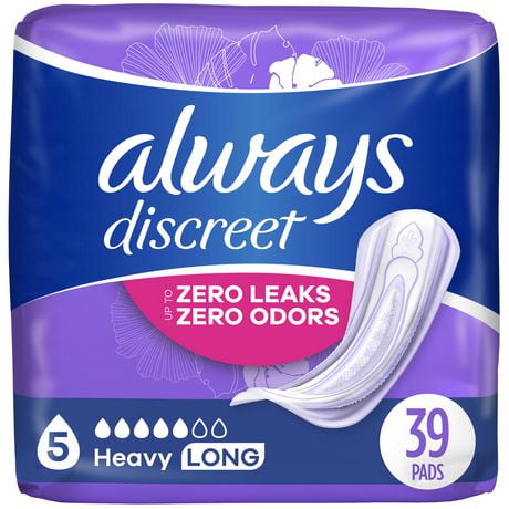 Serviettes d’incontinence et de post-partum Always Discreet, longues, degré d’absorption abondant, pour femmes, 39 serviettes 39CT