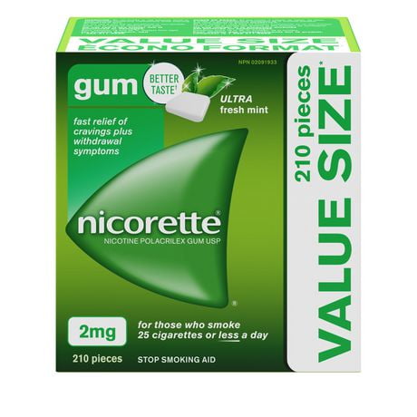 Nicorette Gomme de polacrilex de nicotine USP, Menthe ULTRA fraîche, 2 mg, 210 morceaux (Aide pour cesser de fumer) 210 morceaux