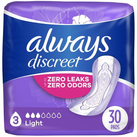 Always Discreet Adult Incontinence Pads for Women, Light Absorbency, Regular Length, Postpartum Pads, 30CT