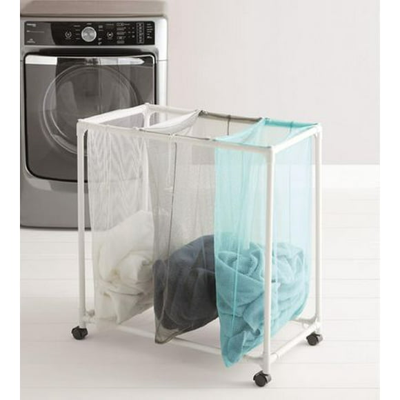 MAINSTAYS 3 Bin Multiple Color Laundry Mesh Sorter, Item size: 30 x 15.4 x 28.4 inH ; Mesh sorter in 3 different color