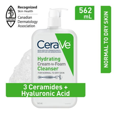 CeraVe Hydrating CREAM-TO-FOAM Cleanser. Face & Eye Makeup Remover with Hyaluronic Acid & 3 Essential Ceramides. Gentle face wash for men & women, removes dirt, excess oil. Normal to dry skin. Fragrance Free, 562ML, Cream-to-Foam Cleanser 562ml
